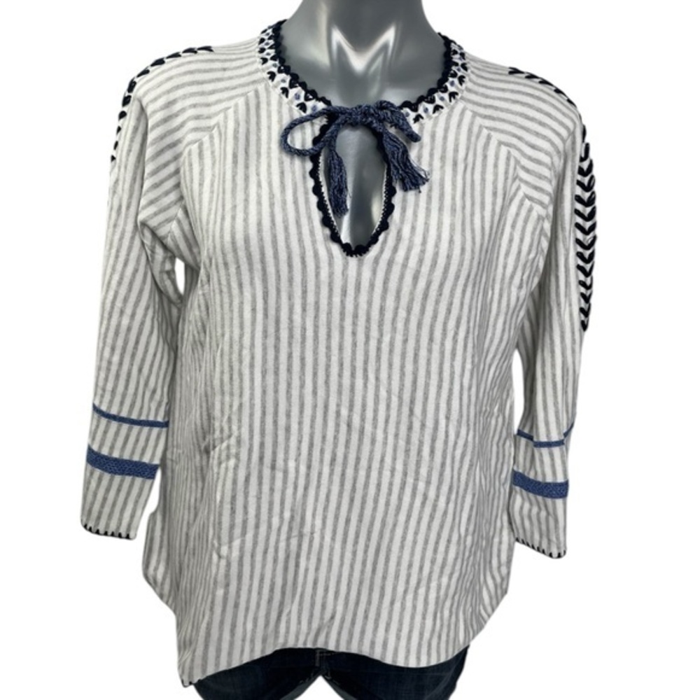 Lisa Todd Pure Cotton White and Blue Tie Front Blouse with Three-Quarter Sleeves